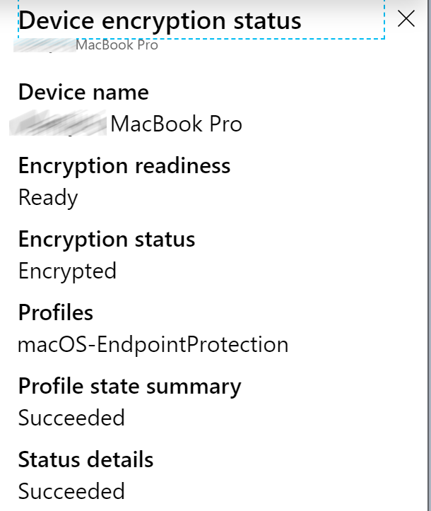 Encryption report showing macOS device encryption status